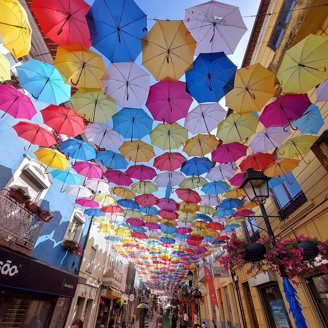Looking straight up at a dense canopy of open umbrellas in pink, yellow, blue and green against a bright sky