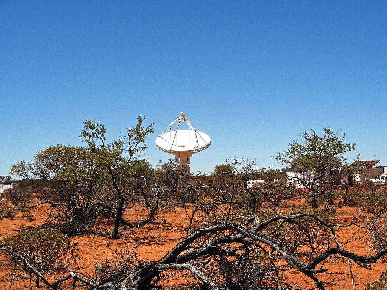 A single ASKAP antenna standing among low scrub and red earth at the Murchison Radio-astronomy Observatory