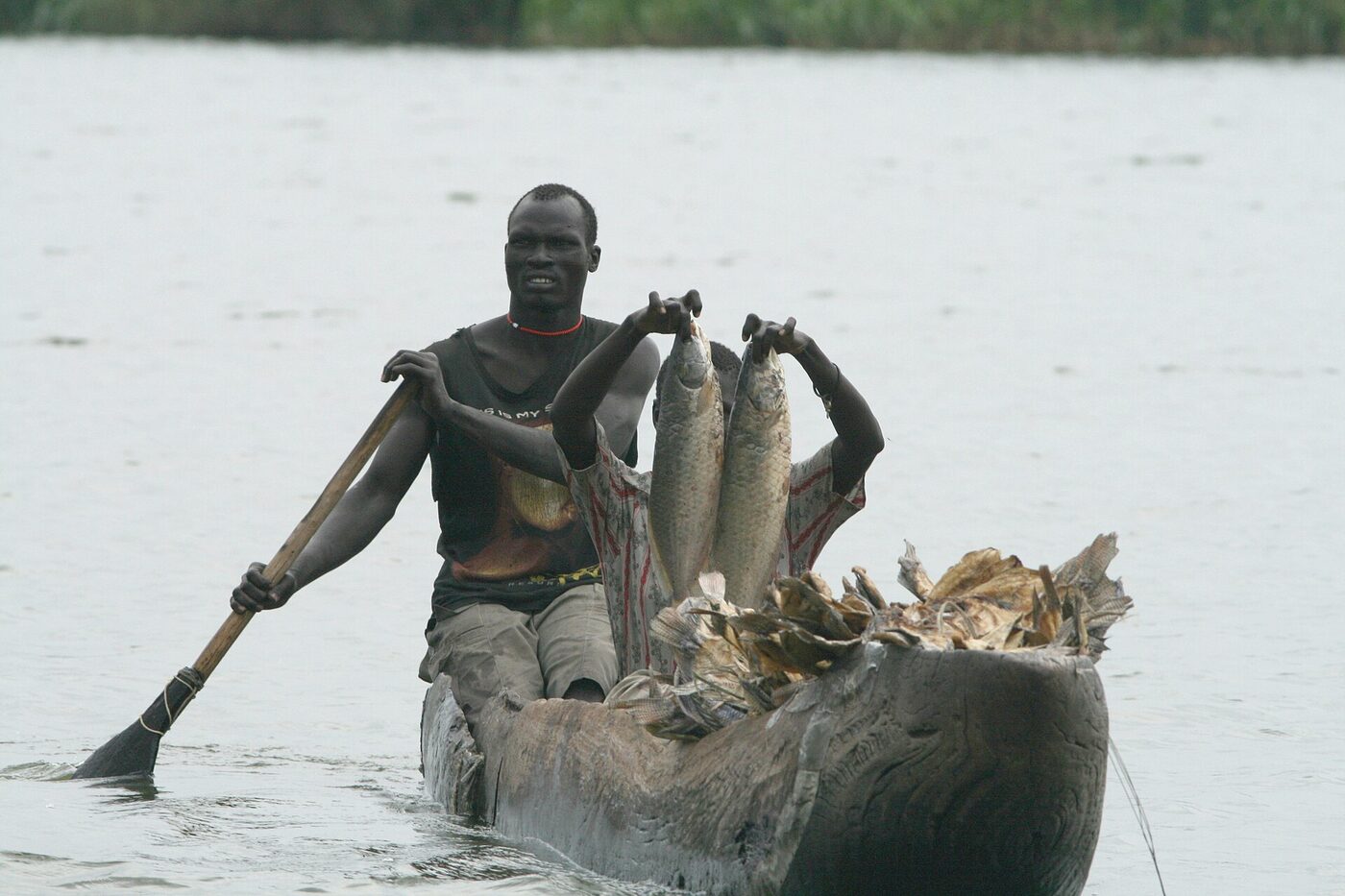 A man in a narrow dugout canoe on grey open water in the Sudd wetland, paddle in one hand, holding up two fresh silver fish in the other, with a heap of dried fish stacked in the hull