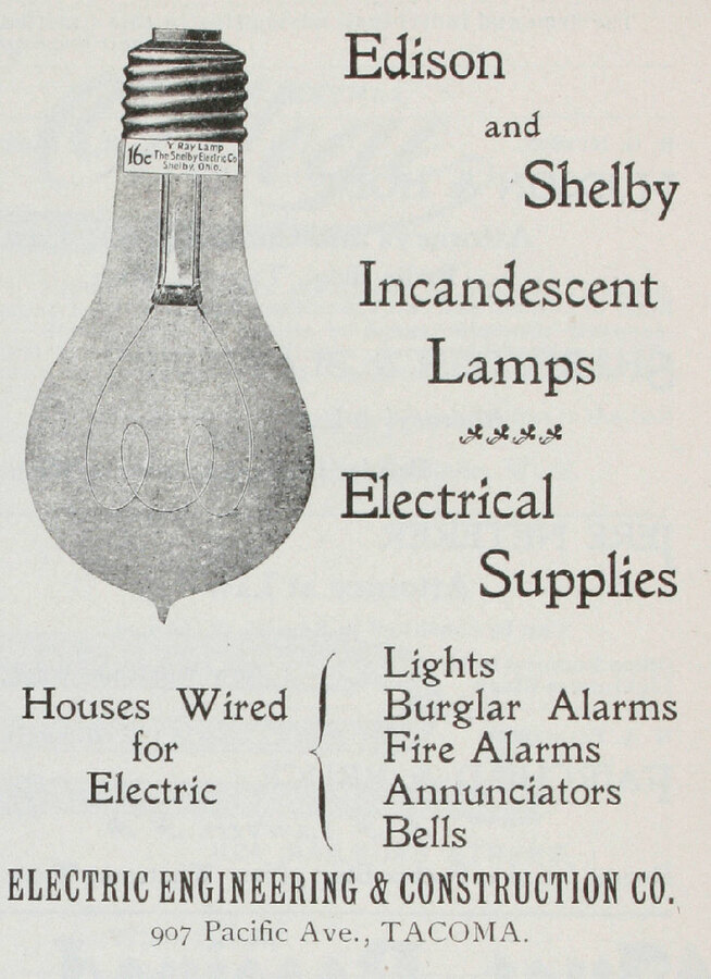 An 1899 newspaper advertisement headed 'Edison and Shelby Incandescent Lamps, Electrical Supplies', with an engraving of a pear-shaped bulb labelled 'The Shelby Electric Co., Shelby, O.'
