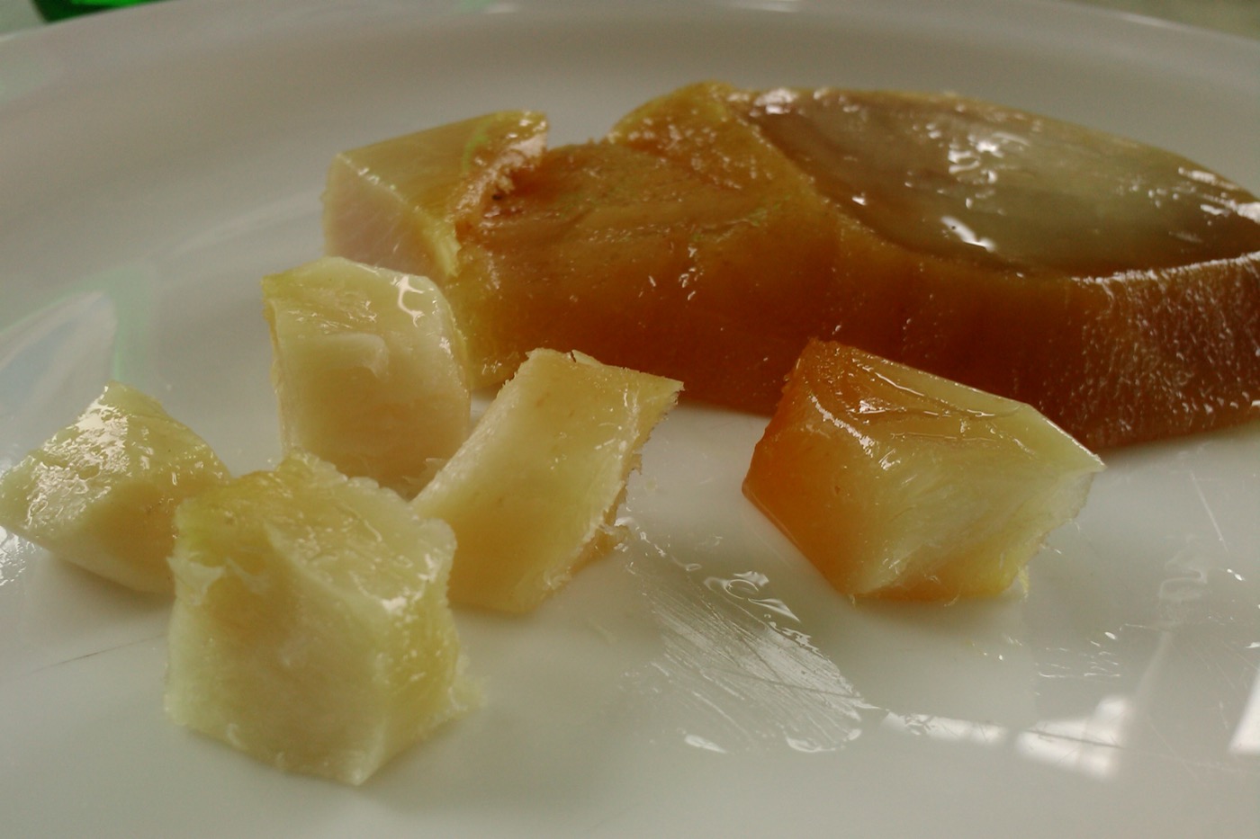 Cubes of hákarl — fermented and dried Greenland shark — on a plate in Iceland