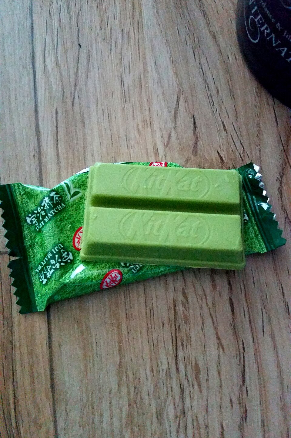 A green matcha green-tea flavored Kit Kat bar from Japan