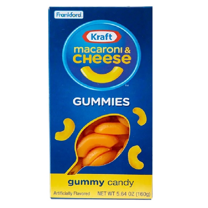 A box of Kraft Macaroni & Cheese Gummies, styled exactly like the classic blue Kraft mac and cheese box, with 'GUMMIES' printed under the logo