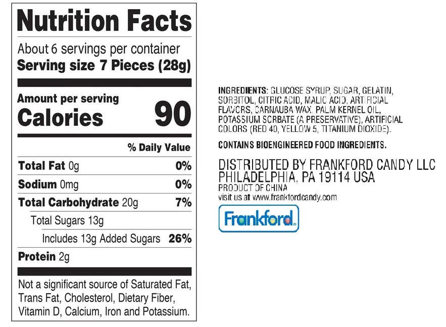 The nutrition and ingredients panel of Kraft Macaroni & Cheese Gummies, listing glucose syrup, sugar, gelatin, artificial flavors, and colors Red 40 and Yellow 5, distributed by Frankford Candy LLC of Philadelphia