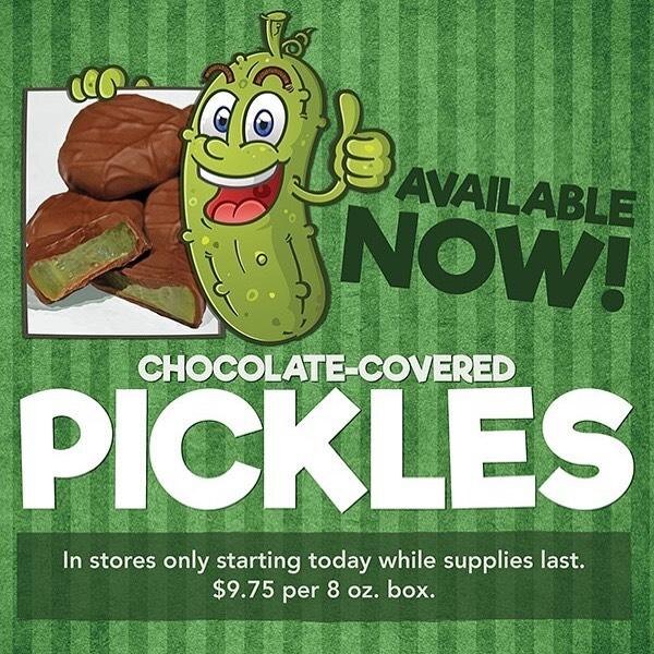 Advertisement for chocolate-covered pickles