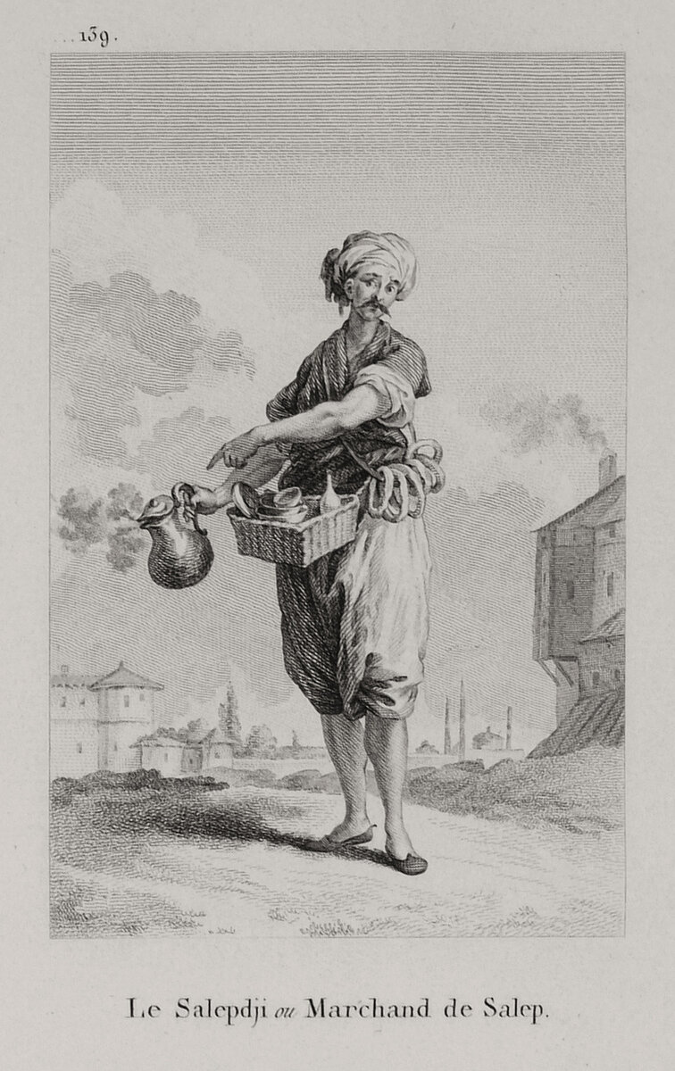 An 1822 engraving titled 'Le Salepdji ou Marchand de Salep' showing a turbaned street vendor walking with a metal jug in one hand and a basket of cups slung at his waist