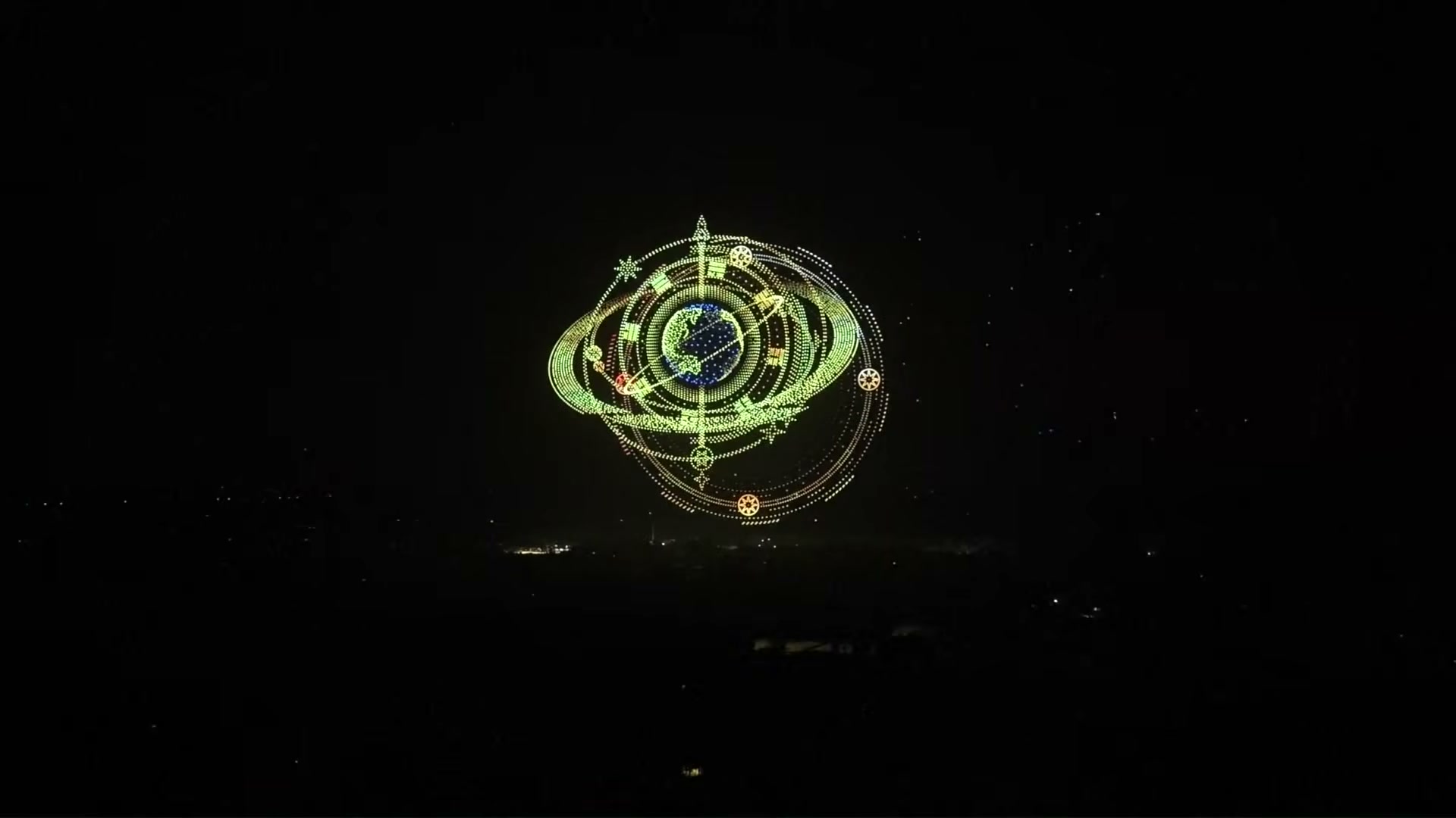 A ringed armillary sphere of green light with a blue-and-green Earth at its centre, forming alone over a dark landscape