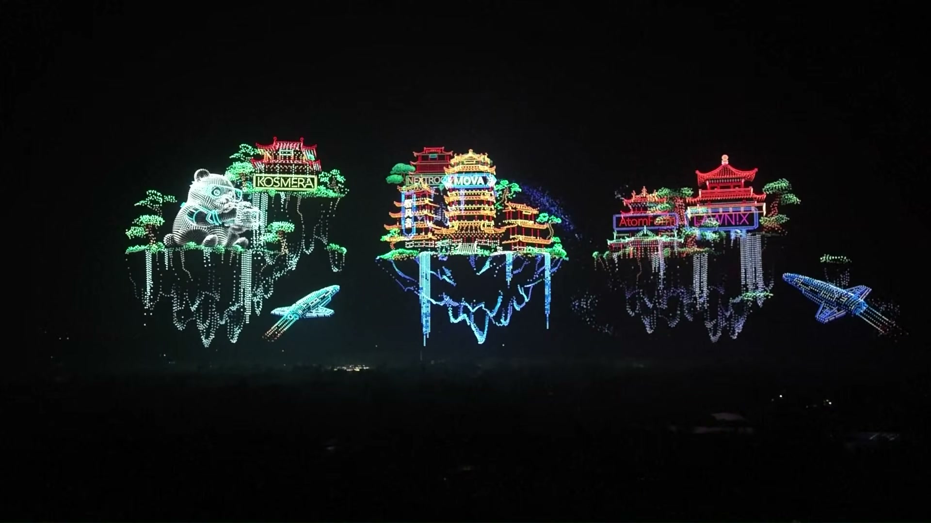 Three floating mountain islands drawn in drones, pavilions and pines on top and roots trailing below, with two aircraft crossing between them and a panda on the left island