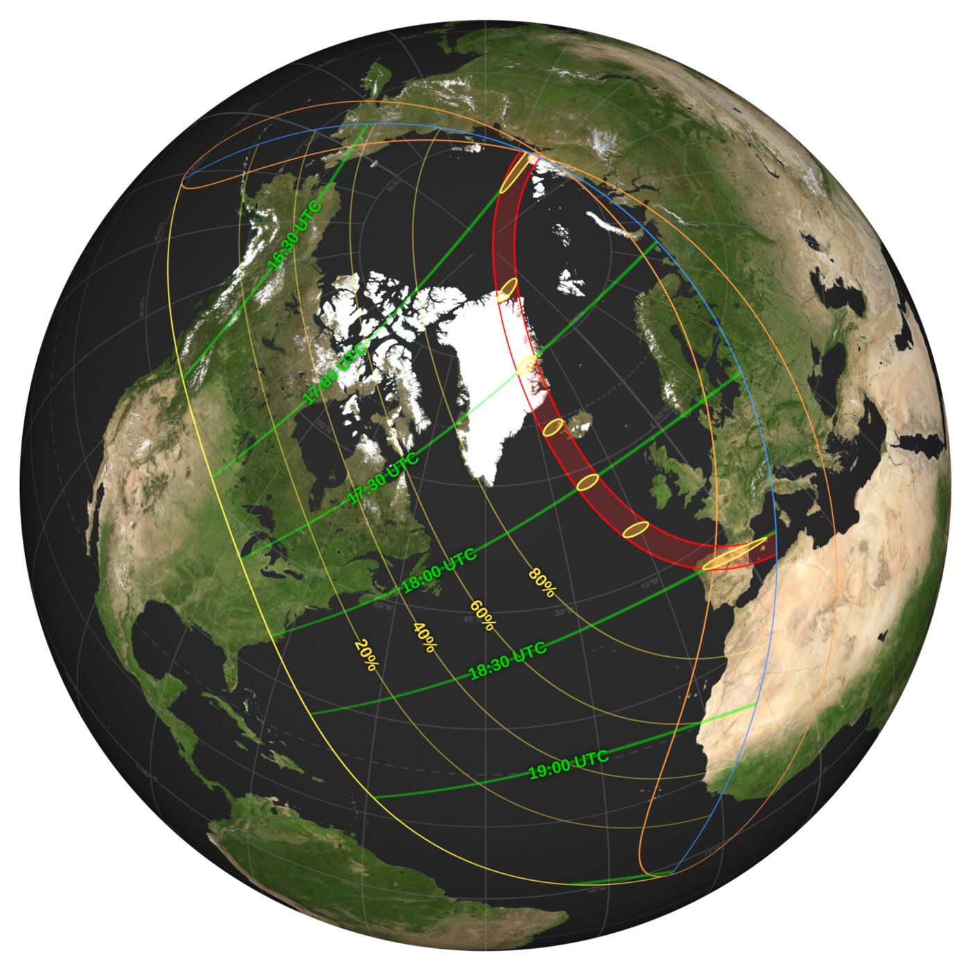 A globe seen from above the North Atlantic, with a curved red band marking the path of totality running from the Arctic across Greenland and Iceland down to Spain, ringed by orange contour lines showing the extent of the partial eclipse