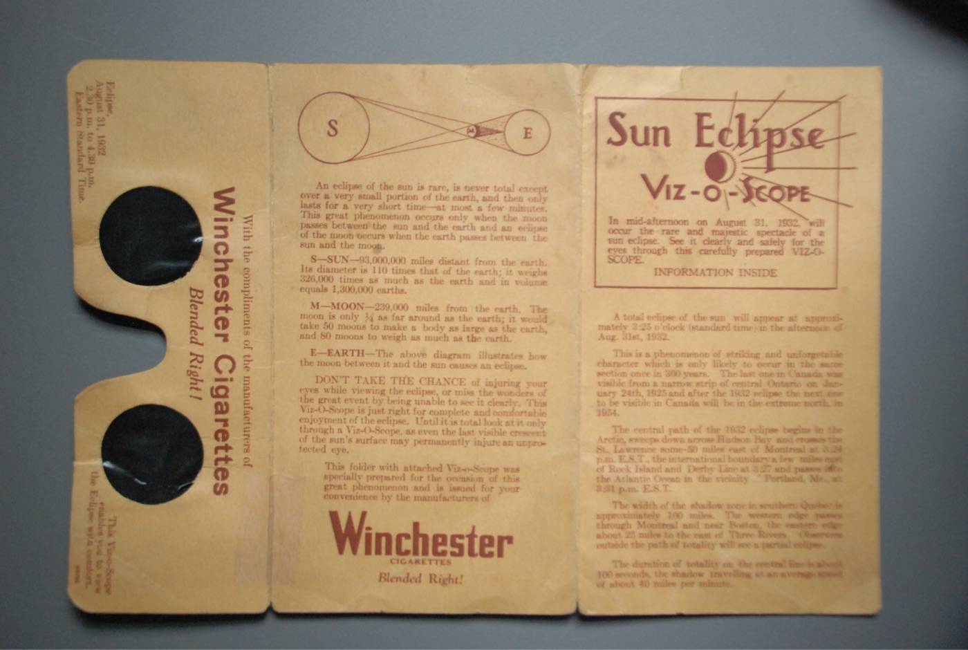 A tan fold-out card from 1932 headed 'Sun Eclipse VIZ-O-SCOPE', with attached dark filters, a diagram of Sun, Moon and Earth, dense explanatory text, and the Winchester Cigarettes logo