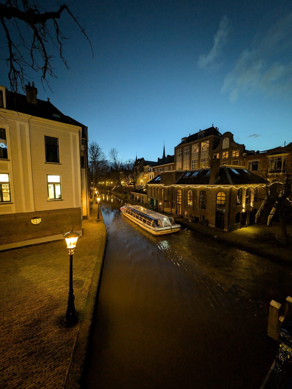 A tree-lined canal in Utrecht with old brick houses reflected in calm water