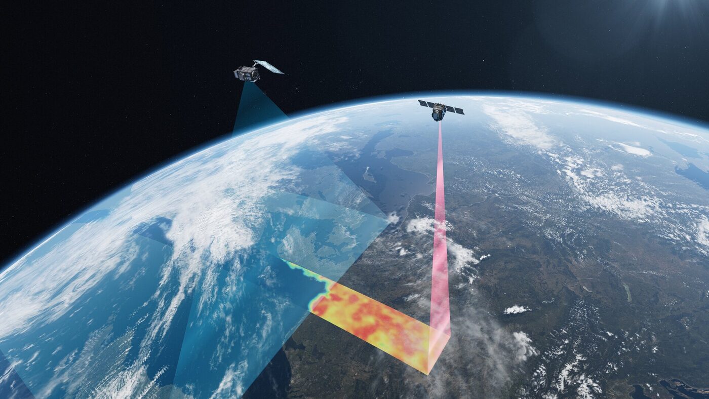 Artist's impression of two satellites above Earth, one casting a wide blue measurement swath and the other a narrow beam over a false-colour strip of land