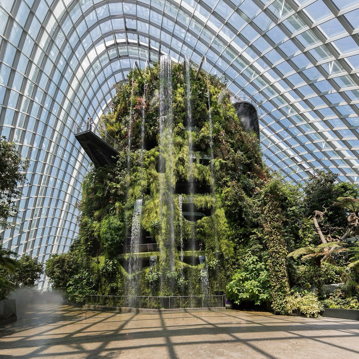 The interior of the Cloud Forest dome at Gardens by the Bay — a tall green mountain shrouded in mist with a waterfall cascading down its side