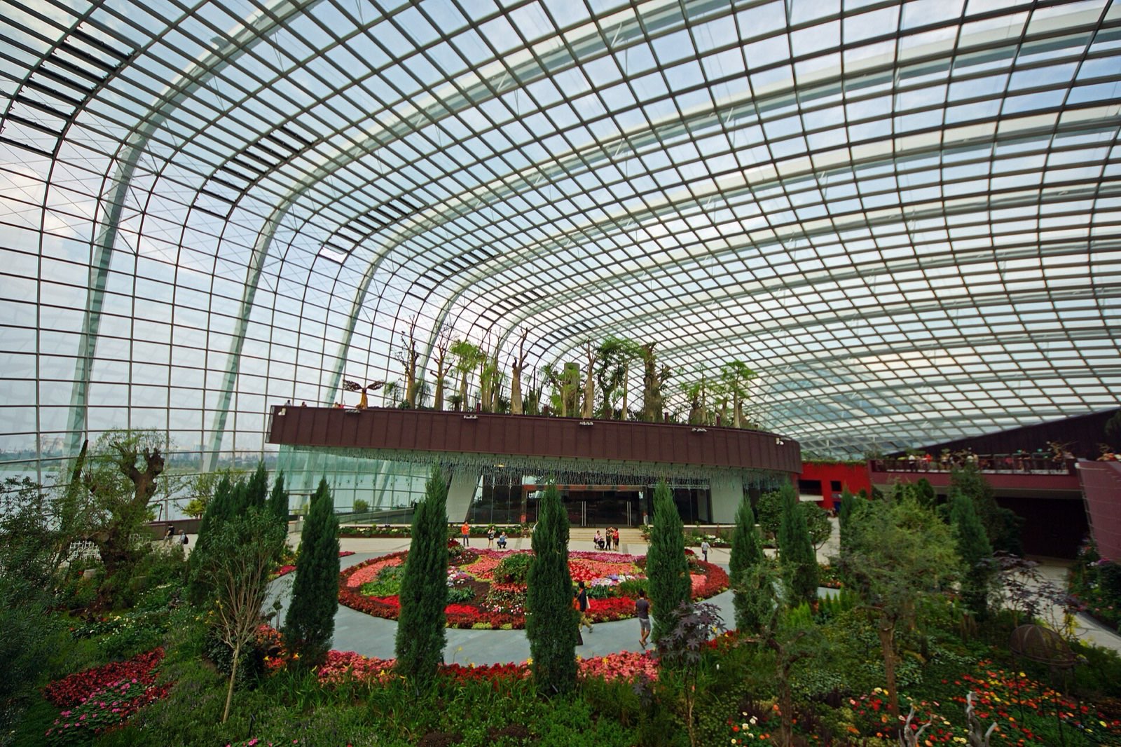 Inside the Flower Dome at Gardens by the Bay — a vast bright glasshouse full of trees and flowering plants under a curved glass roof