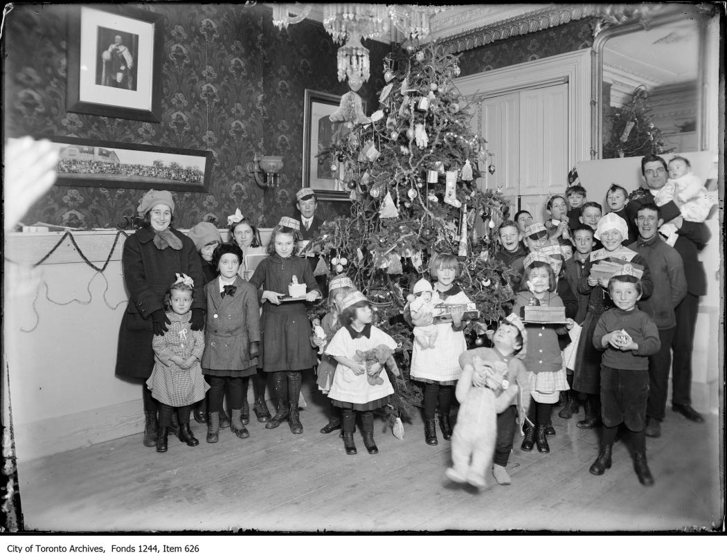 Archival photo of children gathered at a Christmas party in Halifax in the winter after the 1917 explosion