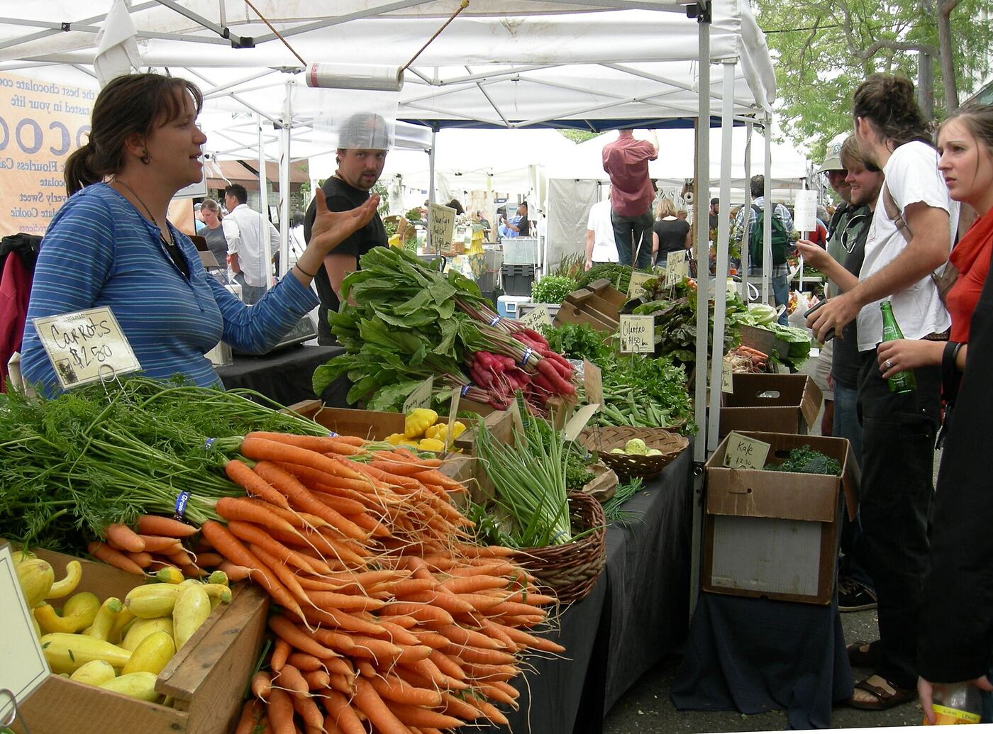 A market stall in Ballard piled with bunches of carrots, radishes, squash and greens, with shoppers browsing
