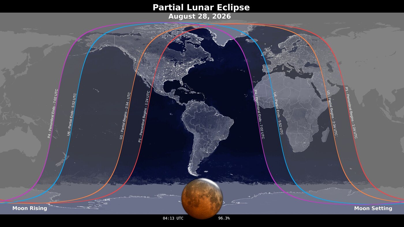 A world map at night with coloured contour lines running north to south across the Pacific and across Africa, labelled with the times each phase of the eclipse begins and ends; the Americas sit between the innermost contours