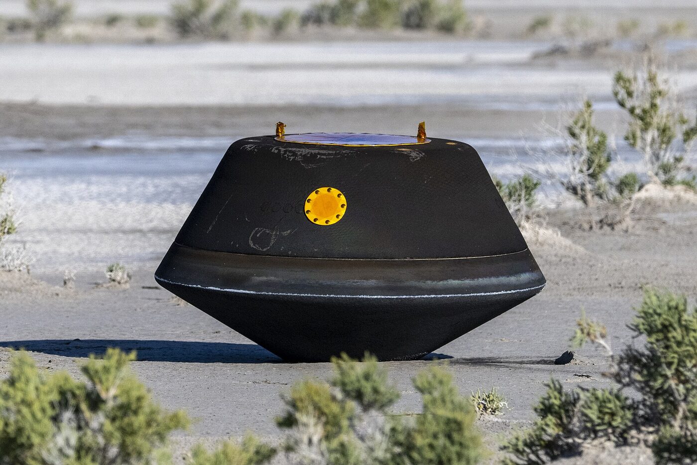 A blackened, cone-shaped space capsule about a metre wide sitting upright on pale desert ground among low green sagebrush, with a yellow port cover on its side and a purple panel on top