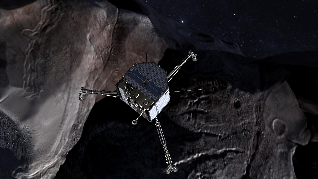 Artist's rendering of the Philae lander, a boxy spacecraft with black solar panels and three spindly legs, descending toward the grey cratered surface of a comet