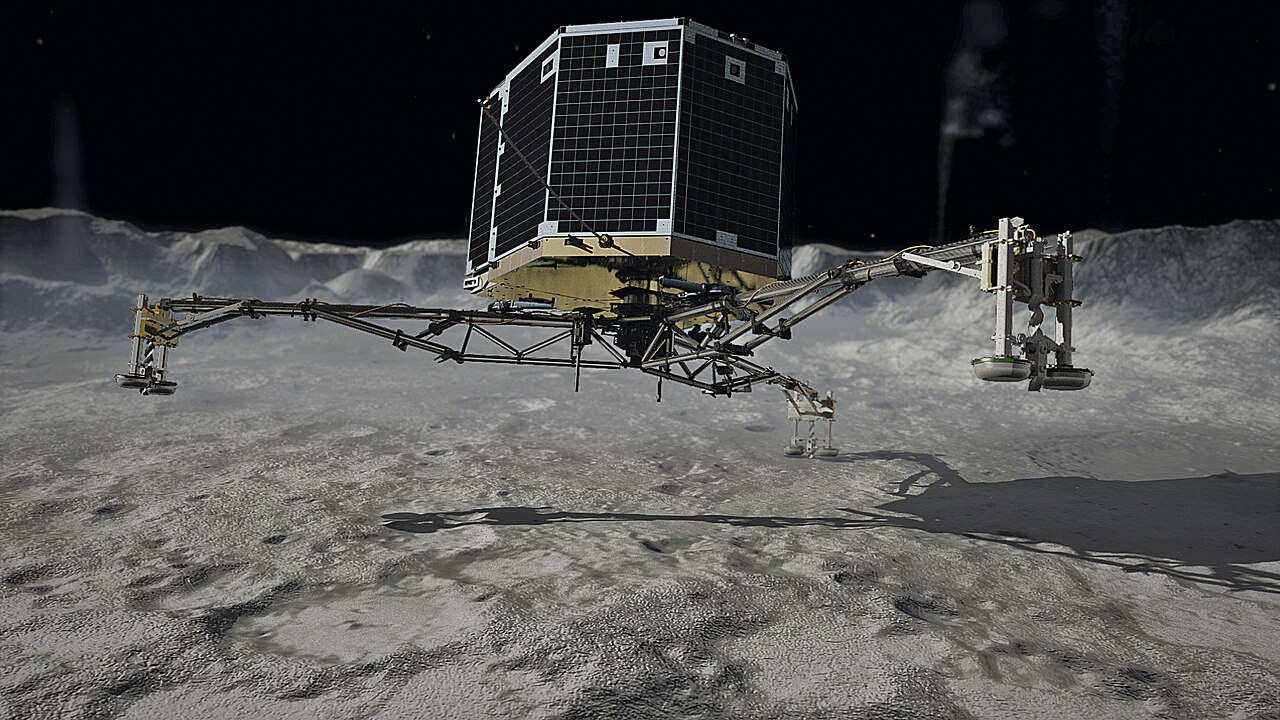 Artist's rendering of Philae standing on the grey dusty surface of a comet, its three legs planted, black solar panels facing a black sky with jets of dust rising in the distance