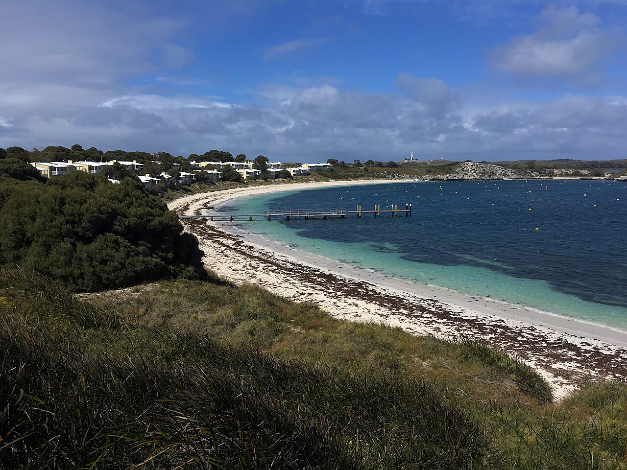 A turquoise bay with white sand and low green scrub at Geordie Bay, Rottnest Island
