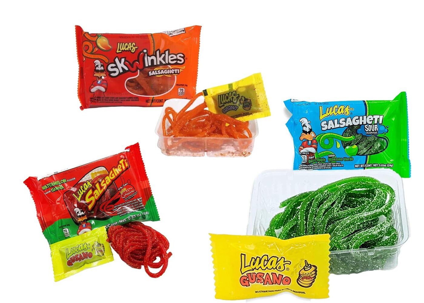An opened tub of Lucas Salsagheti showing the actual candy up close: a tangle of orange-red chilli-dusted watermelon gummy strands with the yellow Lucas Gusano tamarind sauce sachet resting on top, next to the branded pouch