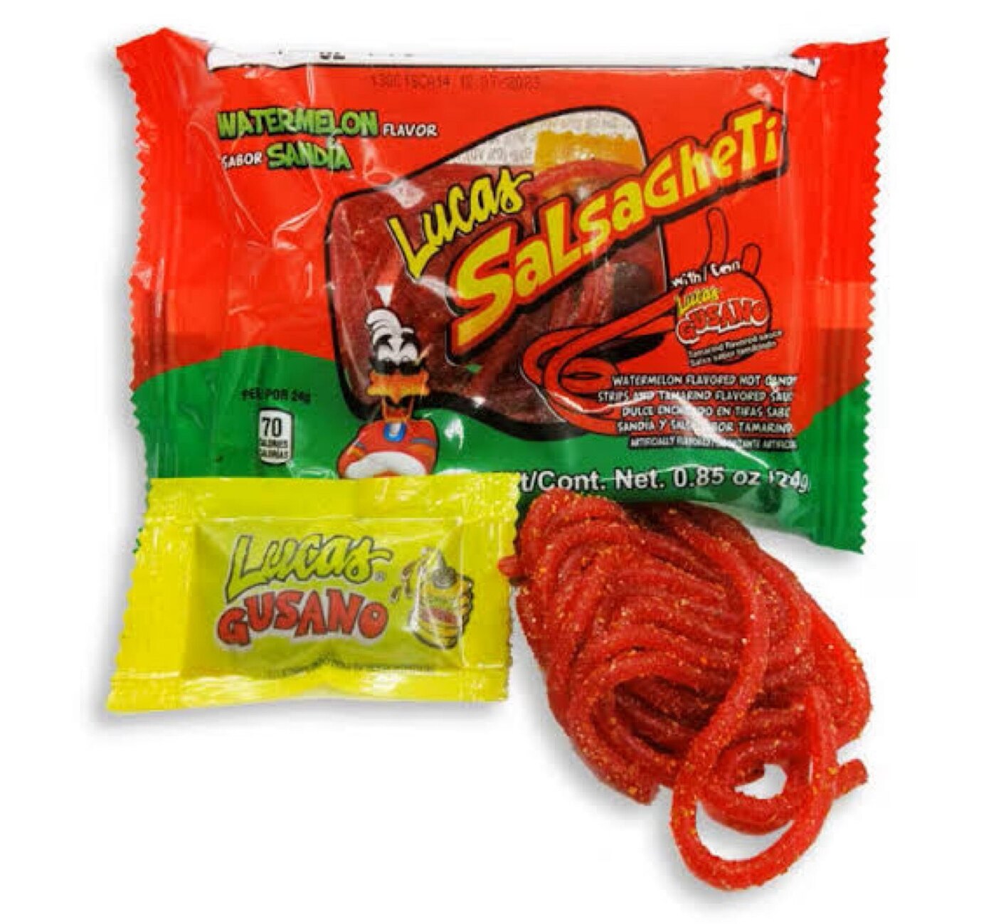 An opened pack of Lucas Skwinkles Salsagheti: the branded pouch, the yellow Lucas Gusano tamarind sauce sachet, and a nest of long red chilli-dusted gummy strands tumbled out beside them, looking exactly like a plate of spaghetti