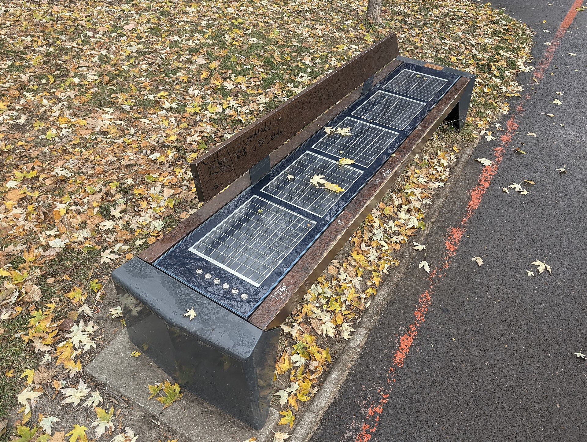 A public park bench with solar panels set into its seat, several fallen yellow and brown maple leaves lying across the panels, surrounded by autumn leaf litter on the grass