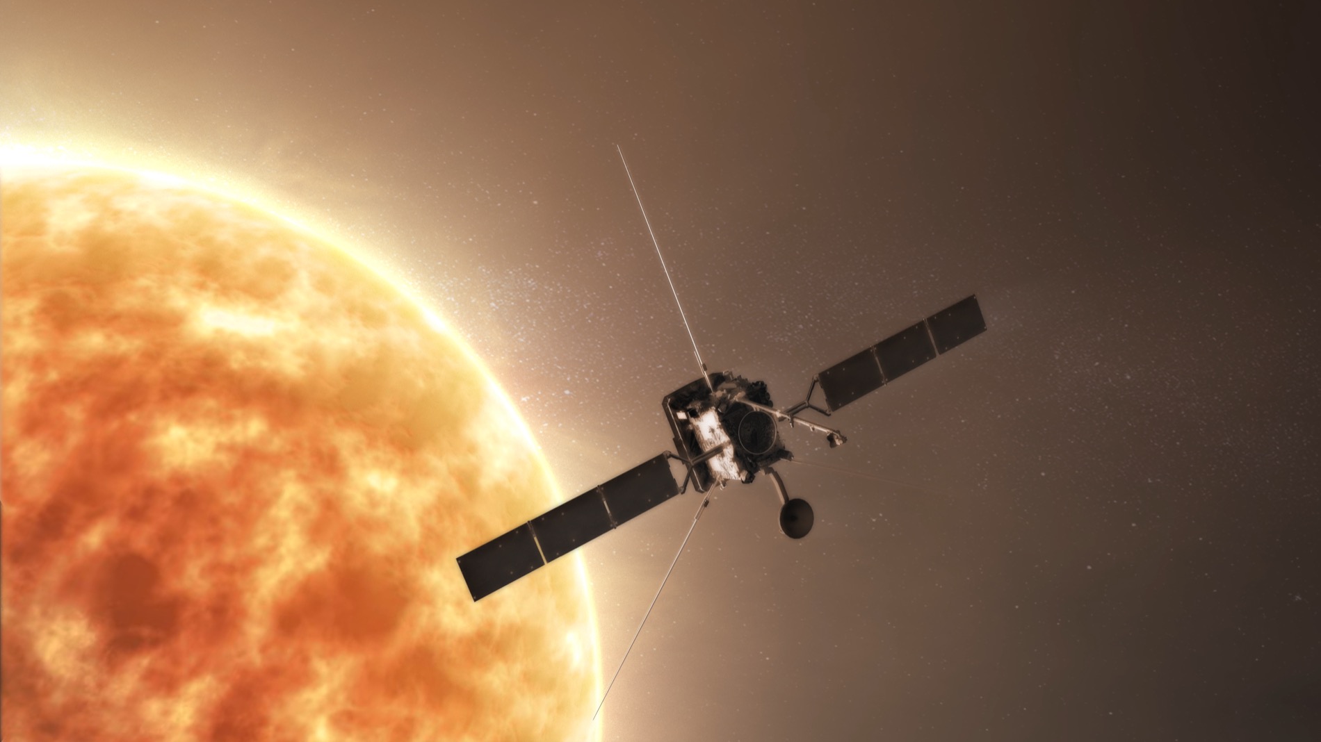 An artist's rendering of the boxy, gold-and-black Solar Orbiter spacecraft with its wide solar panels, floating in space with the glowing Sun in the background