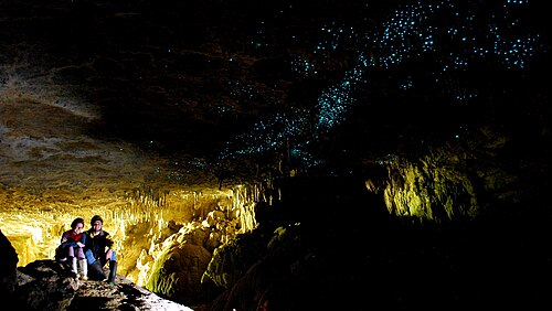 Visitors lit warmly beside a cave wall, with blue glowworms speckling the dark ceiling above