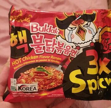 Samyang Buldak 3x Spicy Hot Chicken Ramen packet marked "3x Spicy"